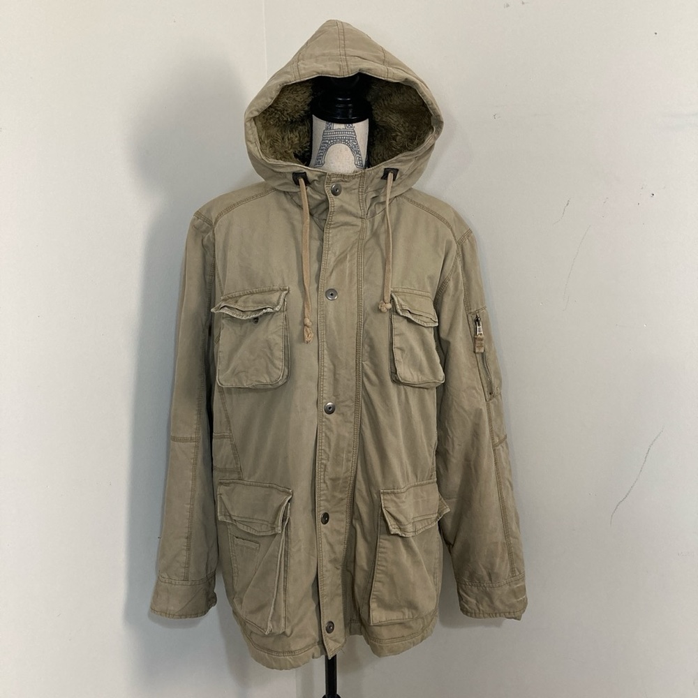 BKE Men’s Beige Hooded Utility Cargo Jacket Snap on & Full Zip Faux Fur Lining